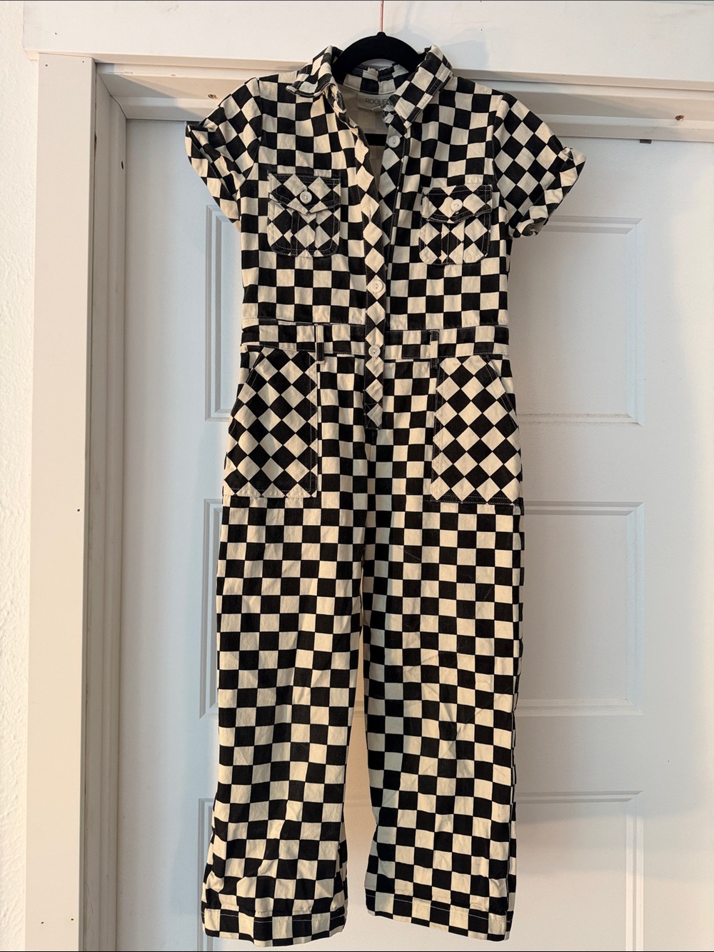 Roolee Far Out Black & White Checkerboard Button-Front Jumpsuit